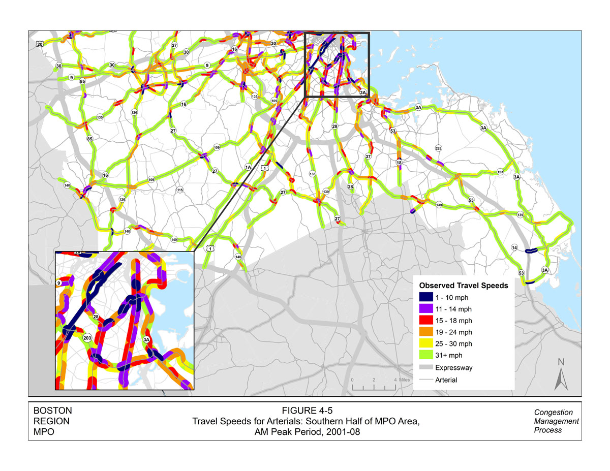This figure displays the AM peak-period travel speeds for arterials in the southern half of the MPO area. The data for this map was collected between 2001 and 2008. The roadway links are color-coded to show their observed travel speeds. Speeds of 1 to 10 miles per hour are indicated in dark blue, 11 to 14 miles per hour speeds are indicated in purple, 15 to 18 miles per hour speeds are indicated in red, 19 to 24 miles per hour is indicated in orange, 25 to 30 miles per hour is indicated in yellow, and any speed indicated in green is at least 31 miles per hour. There is an inset map that displays the travel speeds for the inner core section of the Boston region.